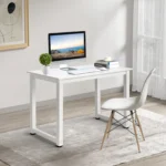 White Desktop + White Pipe Frame P2 Particleboard with Triamine Steel Feet 110cm Computer Desk – close-up detail