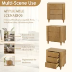 Mid century fluted 3 drawer nightstand with gold handles in natural wood finish - perfect bedroom storage furniture
