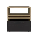 Modern rolling nightstand with one drawer and shelf in natural oak and black finish, placed beside a bed