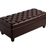 Goldoma dark brown leather storage ottoman bench in living room with pillows