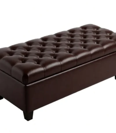 Goldoma dark brown leather storage ottoman bench in living room with pillows