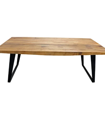63 inch solid wood dining table with black iron sled base and natural distressed top
