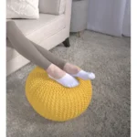 Goldoma Handcrafted Knitted Cotton Round Pouf – Yellow, 30-Inch Floor Ottoman for Living Room Decor – close-up detail