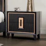 Modern espresso nightstand with gold trim and wooden finger pull drawers