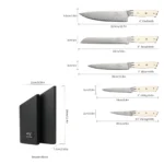 Goldoma 6-piece non stick knife set with Damascus steel blades and ABS handles on cutting board