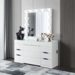 Modern Solid Oak Wood Dresser Vanity Table with adjustable lighted mirror and storage drawers - Goldoma oak wood dresser vanity
