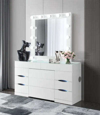 Modern Solid Oak Wood Dresser Vanity Table with adjustable lighted mirror and storage drawers - Goldoma oak wood dresser vanity