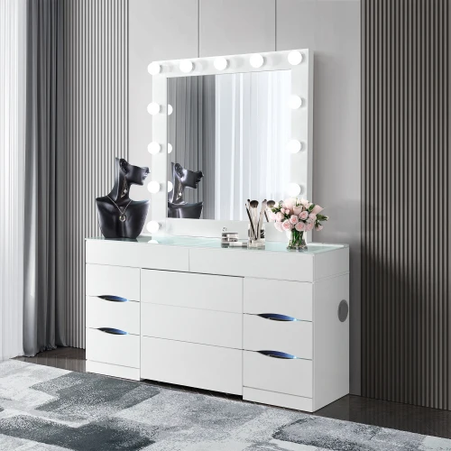 H325a5d0ec78b4f01a8001b86cd9387b4J.webp Modern Solid Oak Wood Dresser Vanity Table with adjustable lighted mirror and storage drawers - Goldoma oak wood dresser vanity