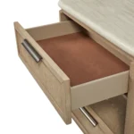 Two-drawer rattan nightstand with natural wood finish and open shelf in bedroom