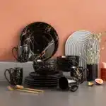 2021 LOVECASA Black 16/32/48 Piece Procelain Dinnerware Set Design By Gold Splash with Dinner Plate,Cake plate,Bowls,Coffee