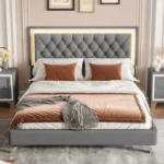 Queen upholstered platform bed with LED lights and tufted headboard in modern bedroom setting