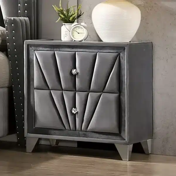 Gray Fabric Upholstered Nightstand with Chrome Legs and Drawers