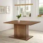 HMS 63 Inch Brown Wood Self-Storing Leaf Extendable Dining Table with Pedestal Base – styled in a modern Rectangular Dining