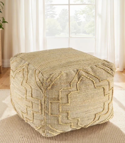 Natural jute cube pouf ottoman with quatrefoil pattern and hidden storage by Goldoma