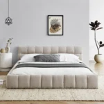Goldoma adjustable queen size bed with chenille upholstered headboard and oak frame in modern bedroom setting