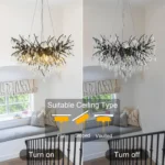 Modern black chandelier with crystal accents in a dining room setting