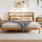Goldoma Teak Wood Platform Bed Frame - King Size with Headboard, Modern Soft Upholstered Eco-Friendly Convertible Bed – in a