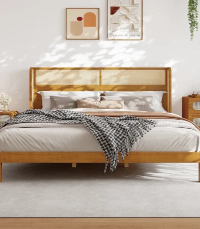 Teak wood platform bed frame king size with upholstered headboard