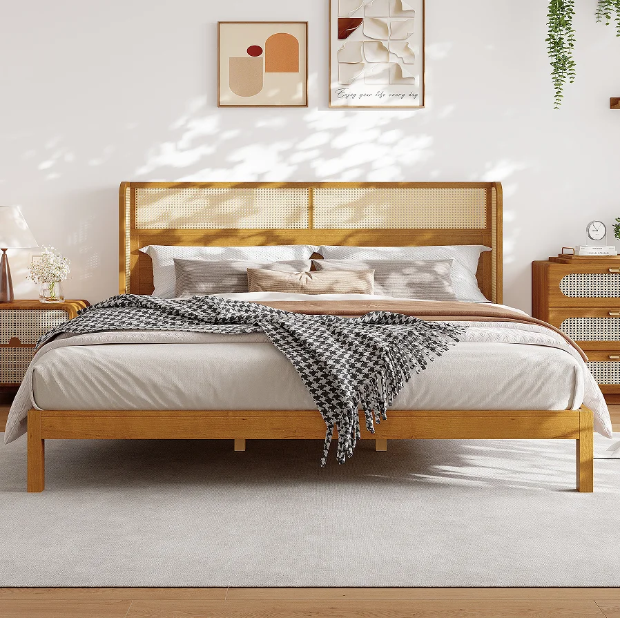 Goldoma Teak Wood Platform Bed Frame - King Size with Headboard, Modern Soft Upholstered Eco-Friendly Convertible Bed