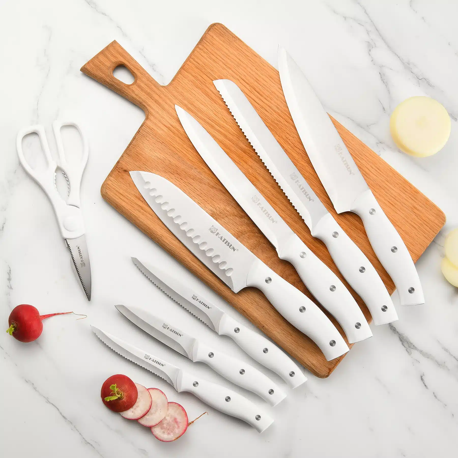 White 15 Pieces Carbon Steel Kitchen Knife Set with Knife Holder Inner Sharpener Kitchen Scissors