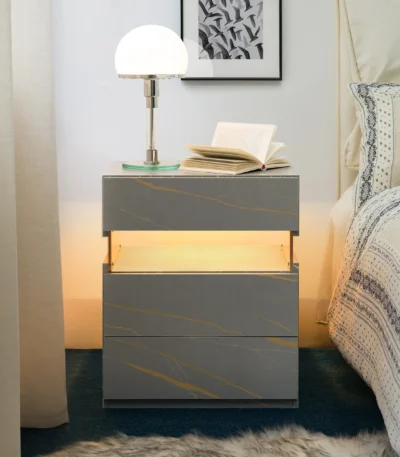 Modern LED nightstand with 3 drawers featuring illuminated acrylic panel in grey with gold veining