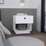 White 1-drawer nightstand with open lower shelf in a minimalist bedroom setting