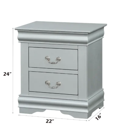 Louis Philippe III Platinum Finish Nightstand - classic two drawer side table with platinum finish and wood construction