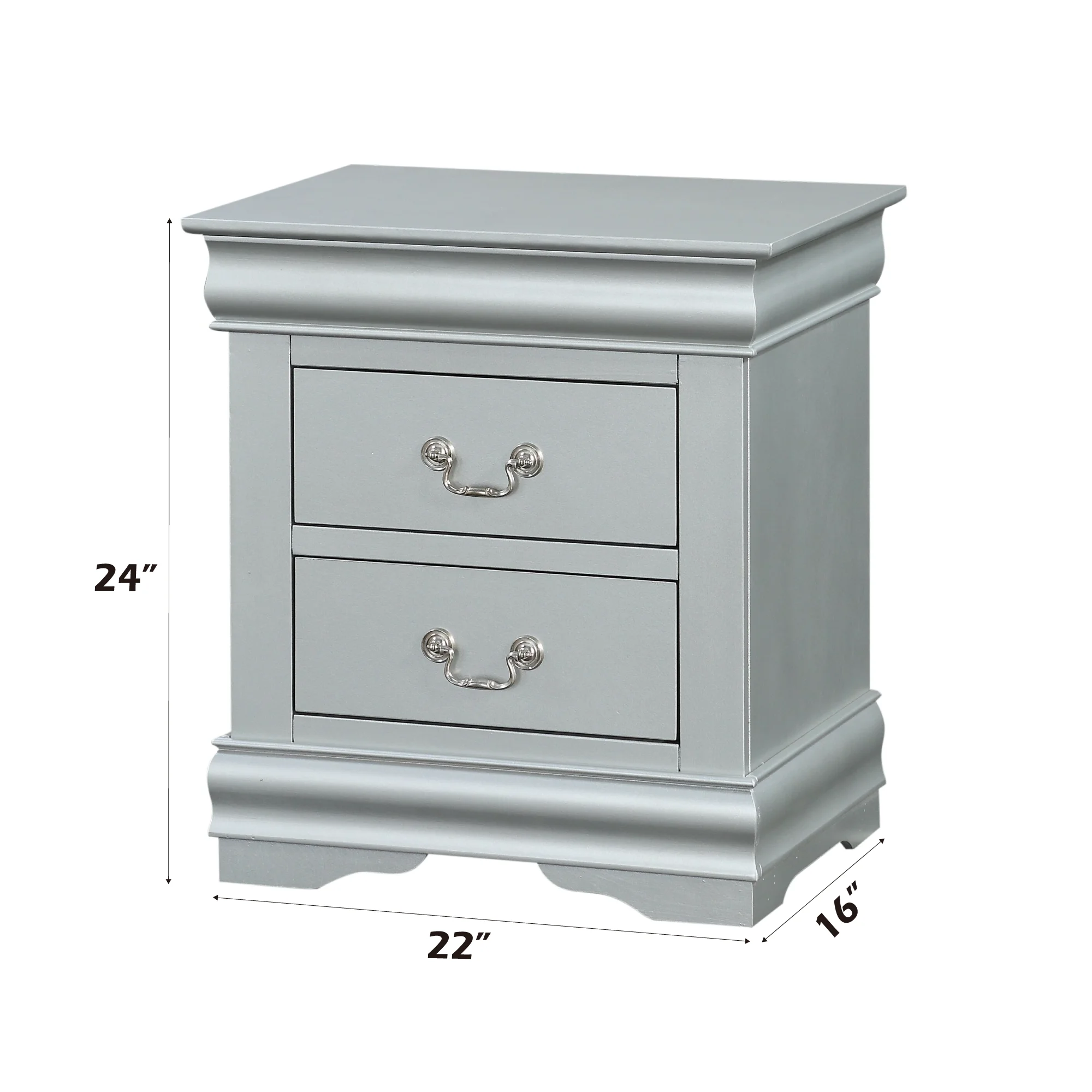 H339b0df66b0a48ccbe67704043caffd6s.webp Louis Philippe III Platinum Finish Nightstand - classic two drawer side table with platinum finish and wood construction