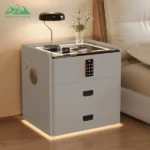 Modern smart nightstand with digital lock, Bluetooth speaker, and wireless charging pad - 3-drawer bedside table in bedroom setting