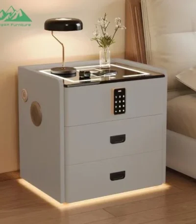 Modern smart nightstand with digital lock, Bluetooth speaker, and wireless charging pad - 3-drawer bedside table in bedroom setting