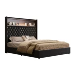 Queen size velvet tufted storage bed frame with 52-inch headboard, USB port and night light in a modern bedroom