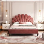Goldoma full size velvet platform bed with floral upholstered headboard, eco-friendly teak wood construction