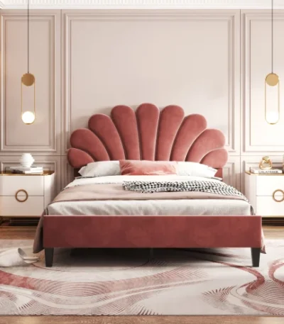 Goldoma full size velvet platform bed with floral upholstered headboard, eco-friendly teak wood construction