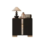 Modern mirrored nightstand with mirrored drawer front and metal legs in a bedroom setting