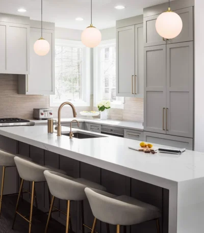 Nordic pendant light with black metal bar and three white fabric shades over a wooden dining table.
