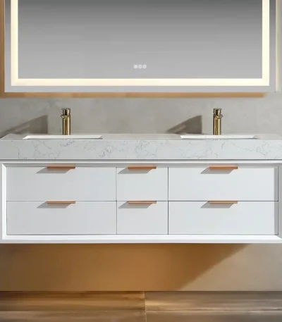 Modern white wall-mounted bathroom vanity with double sink and engineered stone top, front view in bright bathroom.