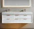 Modern white wall-mounted bathroom vanity with double sink and engineered stone top, front view in bright bathroom.