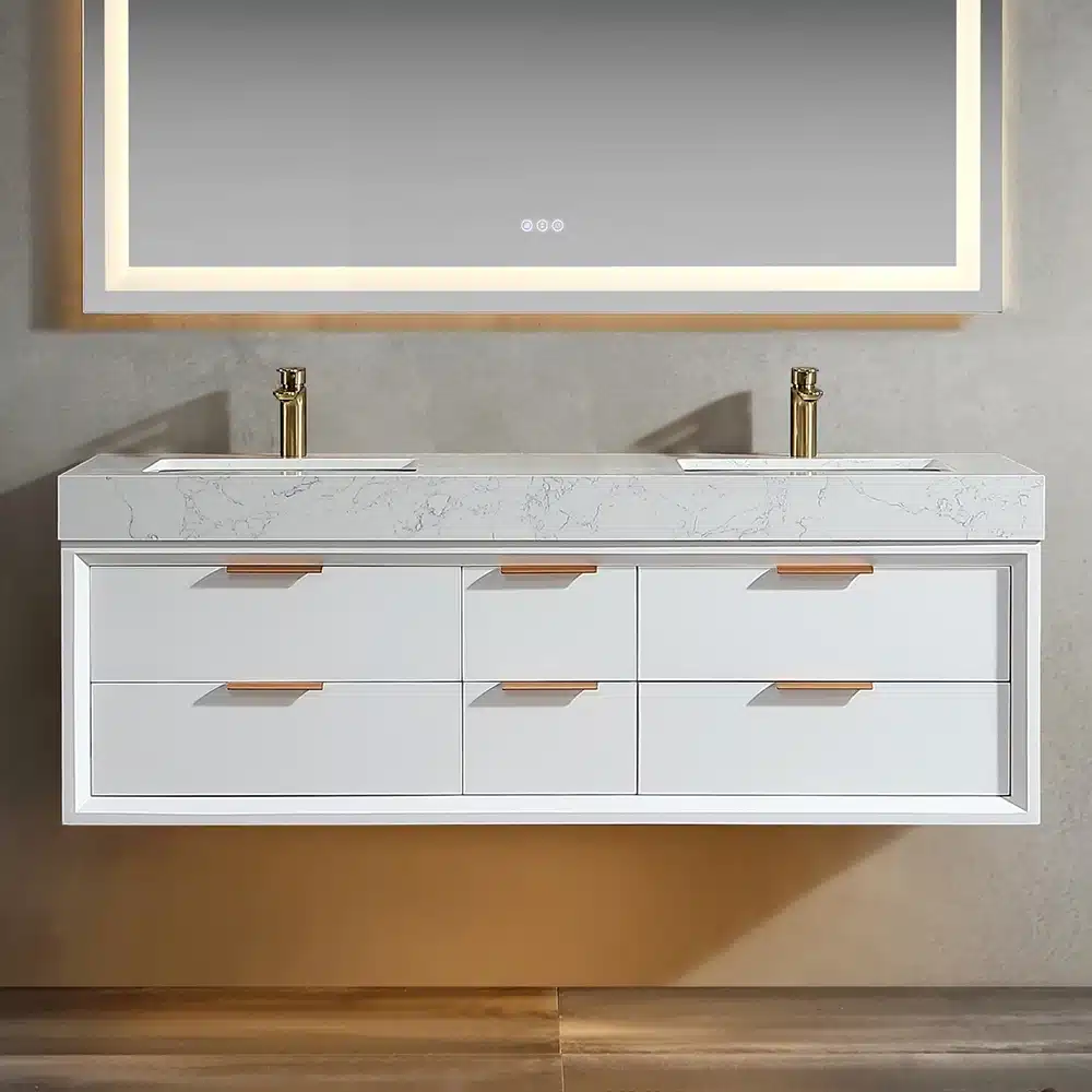 Modern white wall-mounted bathroom vanity with double sink and engineered stone top, front view in bright bathroom.