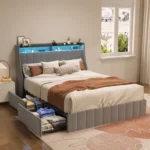 Queen bed frame with LED lighting from Goldoma featuring wings headboard, storage drawers, and linen upholstery