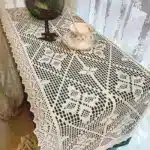 Crochet Cotton Linen Blend Table Runner, Retro Side Table Hollow Tablecloth, Lace Edge, Home Decor – side view