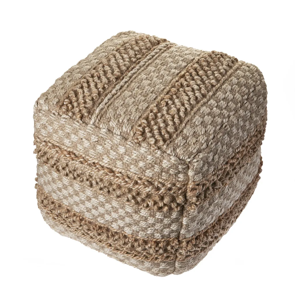 Goldoma 18" Tan Striped Woven Rattan Pouf Ottoman - Square Foot Stool for Living Room, Bedroom, and Entryway