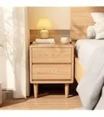Mid-century solid walnut nightstand with drawer in bedroom setting
