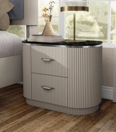 Modern 2-drawer nightstand with USB port and gold capped legs, perfect bedside storage solution