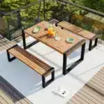 3-Piece Modern Outdoor Dining Set Acacia Wood Table with 2 Benches Steel Frame for Home & Hotel Use – side view