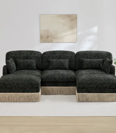Goldoma leopard print reclining sectional sofa set with movable ottomans in a modern living room