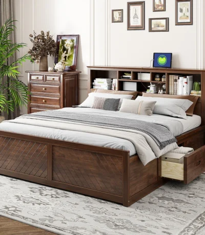 King size wood platform bed with storage headboard, USB ports, and drawers in antique wood color - Goldoma platform bed with storage