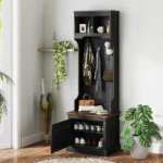 Goldoma 3-in-1 entryway storage bench with coat rack and shoe organizer in black wood grain finish
