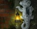 Solar dragon lantern glowing on a tree trunk at night, dragon figurine resin garden decor