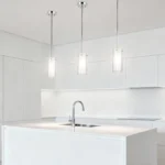Close-up of the ETL listed glass pendant light showing transparent shade and black cord.