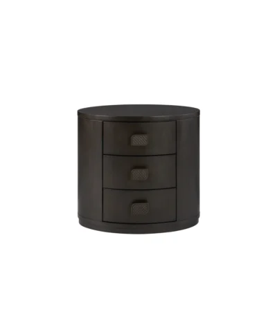 Modern oval nightstand with 3 drawers in dark wood finish – compact bedside storage unit